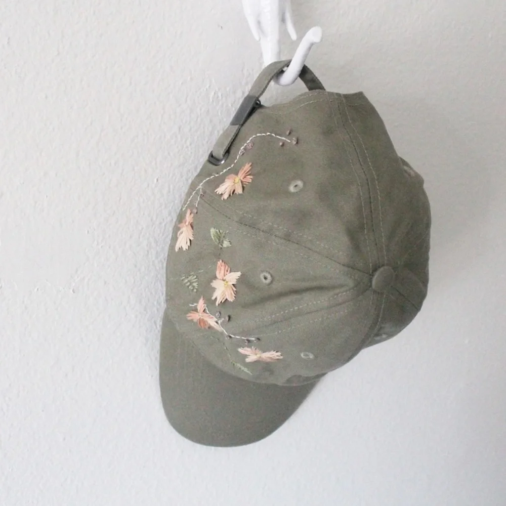 Embroidered Flower Pink And Olive Green Women's Cap - Picture 3 of 5
